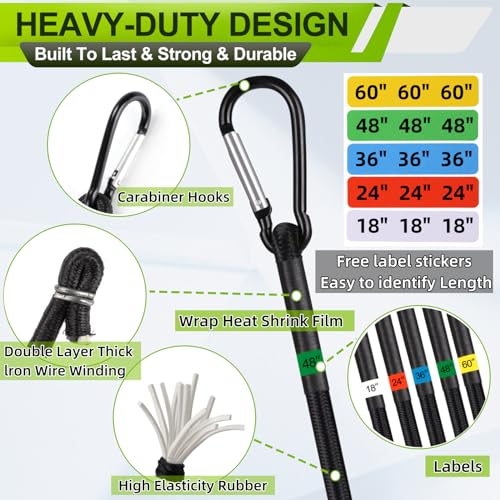 Jogtlyer مجموعة حبال بونجي جوكتلاير 28 قطعة للاستخدام الخارجي مع خطافات كارابينر 10" 18" 24" 36" 48" 60" حبال بونجي سوداء ومشابك خيمة (28 قطعة - أسود) - Image 3