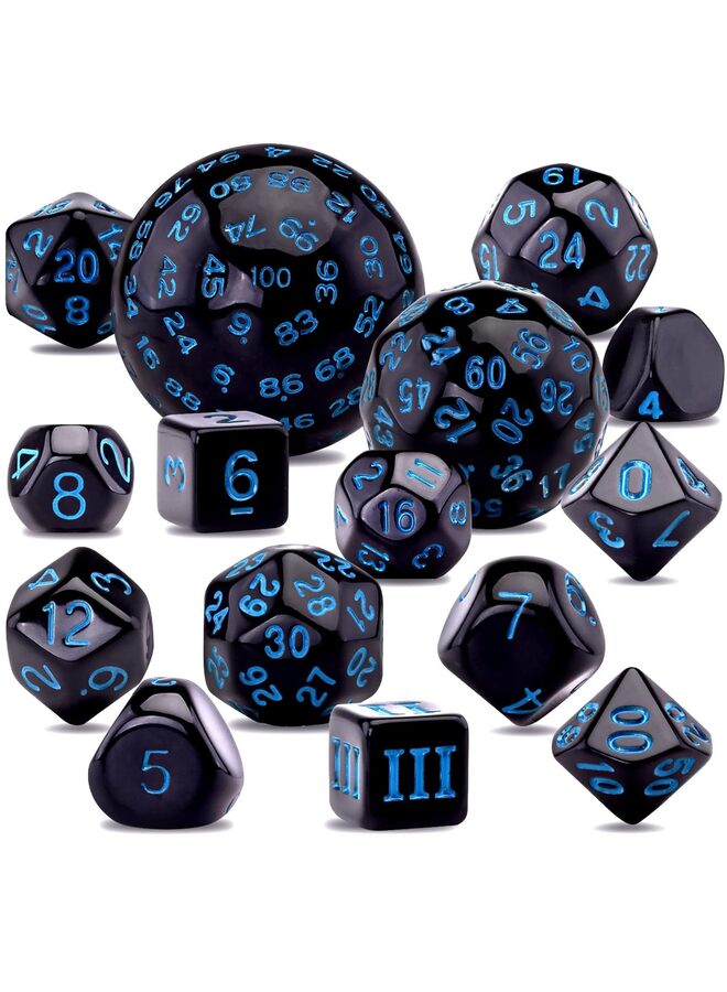 Polyhedral Dice Set, Game for Role Playing Table Games RPG Dice in Opaque Black for Role Playing Table Games D3-D100 for Dungeons and Dragons (Blue Numbers) - Image 1