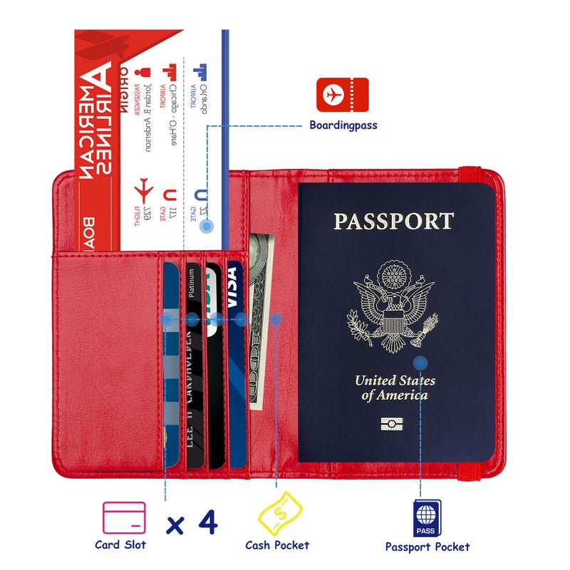 TOURSUIT Rfid Blocking Passport Holder for Women Men, Leather Passport Travel Wallet with Metal 3D Metal Badge, Travel Document Holder Cover Accessories (Red) - Image 2