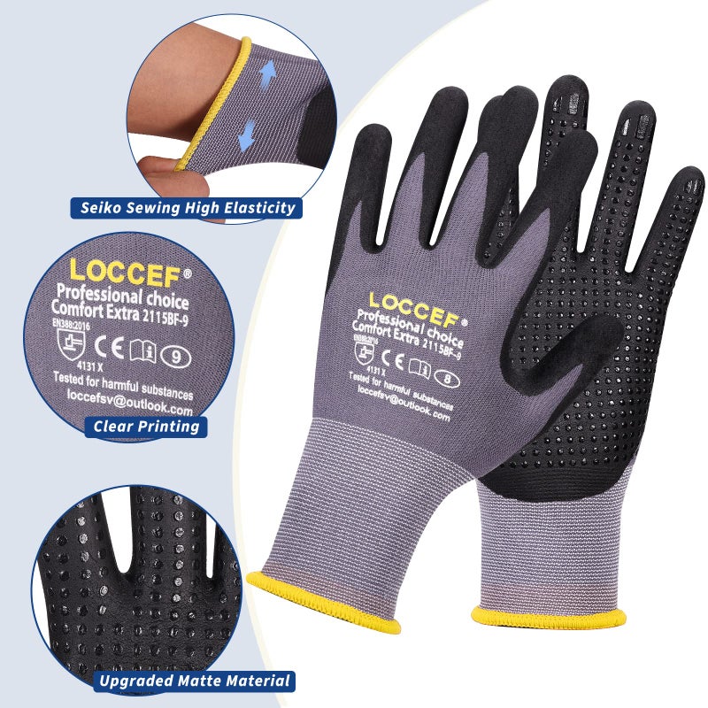 LOCCEF Work Gloves MicroFoam Nitrile Coated-6 Pairs,Endurance Seamless Knit Nylon,Dots on palm,Tacky Dot Grip Gloves - Image 3