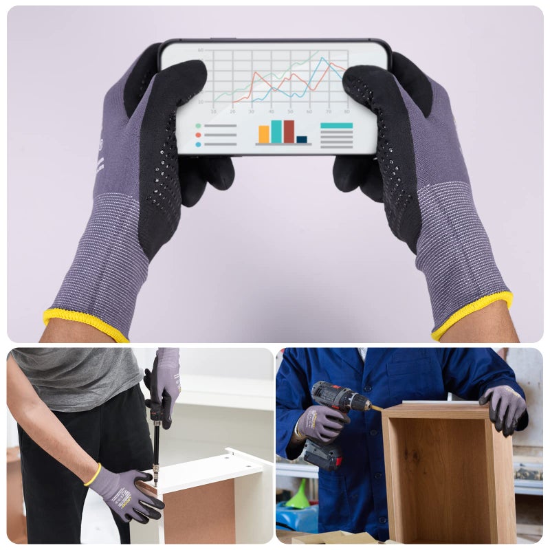 LOCCEF Work Gloves MicroFoam Nitrile Coated-6 Pairs,Endurance Seamless Knit Nylon,Dots on palm,Tacky Dot Grip Gloves - Image 4