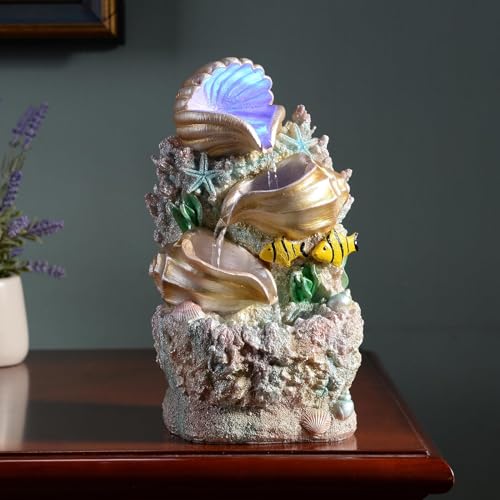GOSSI Themed Coral Shell Fountain Tabletop Home Décor Indoor Desktop Fountains Perfect for Zen Waterfall Meditation Waterfall Decor Fountain with LED Lights(23037) - Image 1