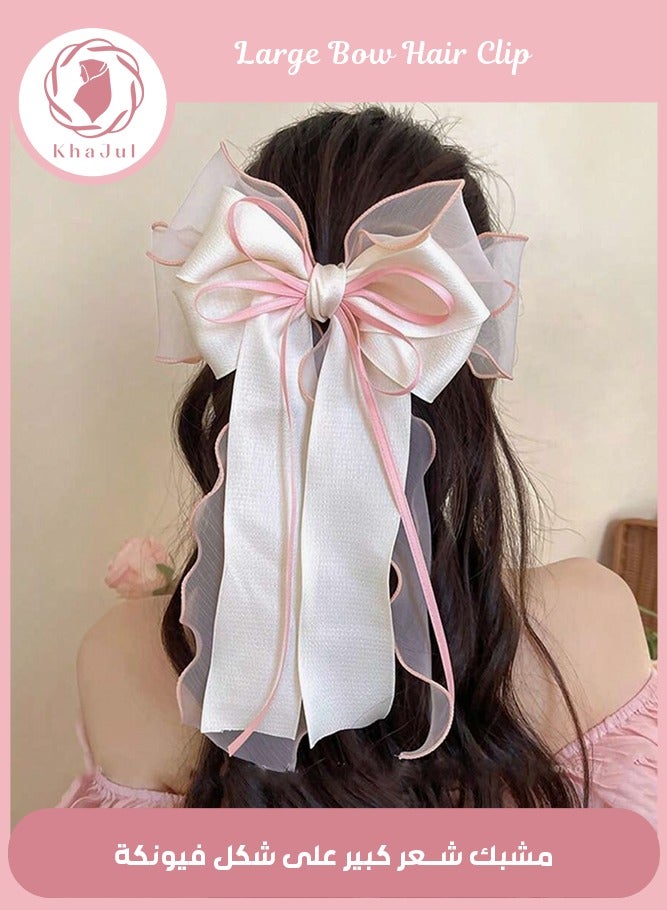 إسكدنيا مشبك شعر بشريط شبكي، عصابة رأس كبيرة من الساتان الحريري مع مشبك شعر بفيونكة ذيل طويل كبيرة الحجم، إكسسوار شعر بفيونكة كبيرة لشعر الفتيات (أبيض + وردي) - Image 1