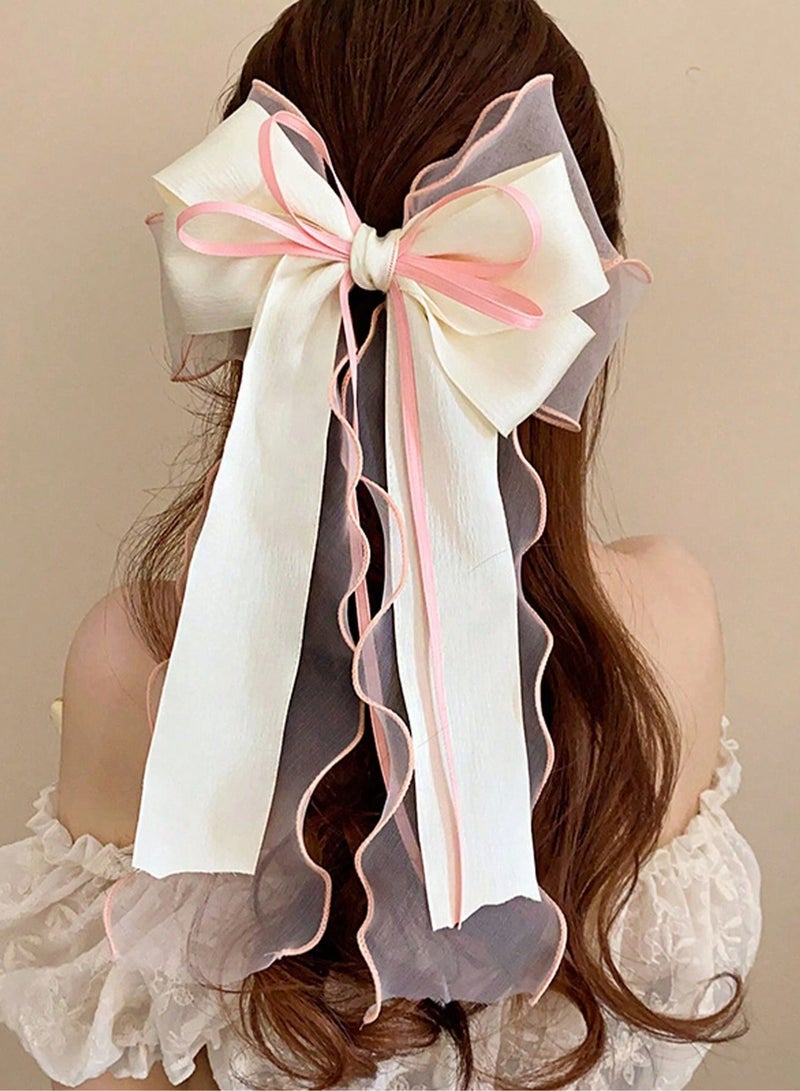 إسكدنيا مشبك شعر بشريط شبكي، عصابة رأس كبيرة من الساتان الحريري مع مشبك شعر بفيونكة ذيل طويل كبيرة الحجم، إكسسوار شعر بفيونكة كبيرة لشعر الفتيات (أبيض + وردي) - Image 5