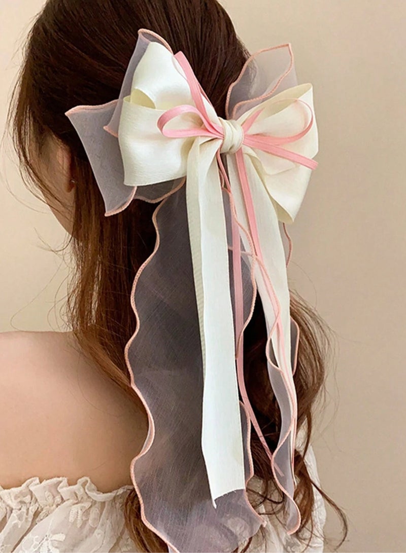 إسكدنيا مشبك شعر بشريط شبكي، عصابة رأس كبيرة من الساتان الحريري مع مشبك شعر بفيونكة ذيل طويل كبيرة الحجم، إكسسوار شعر بفيونكة كبيرة لشعر الفتيات (أبيض + وردي) - Image 4