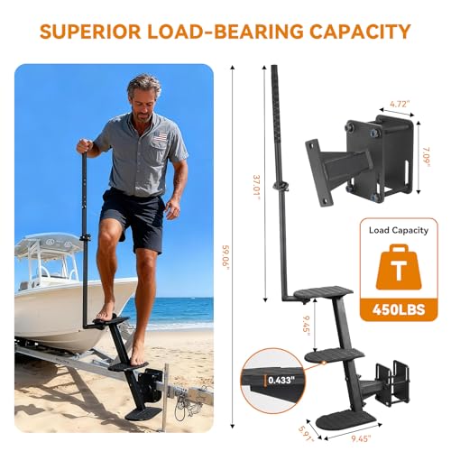 RVZONE Heavy Duty Boat Trailer Steps with Safety Handle, Non-Slip Mat, Universal Fit for Boat Trailers Tongue Steps, Easy Assembly, 3 Steps - Image 2
