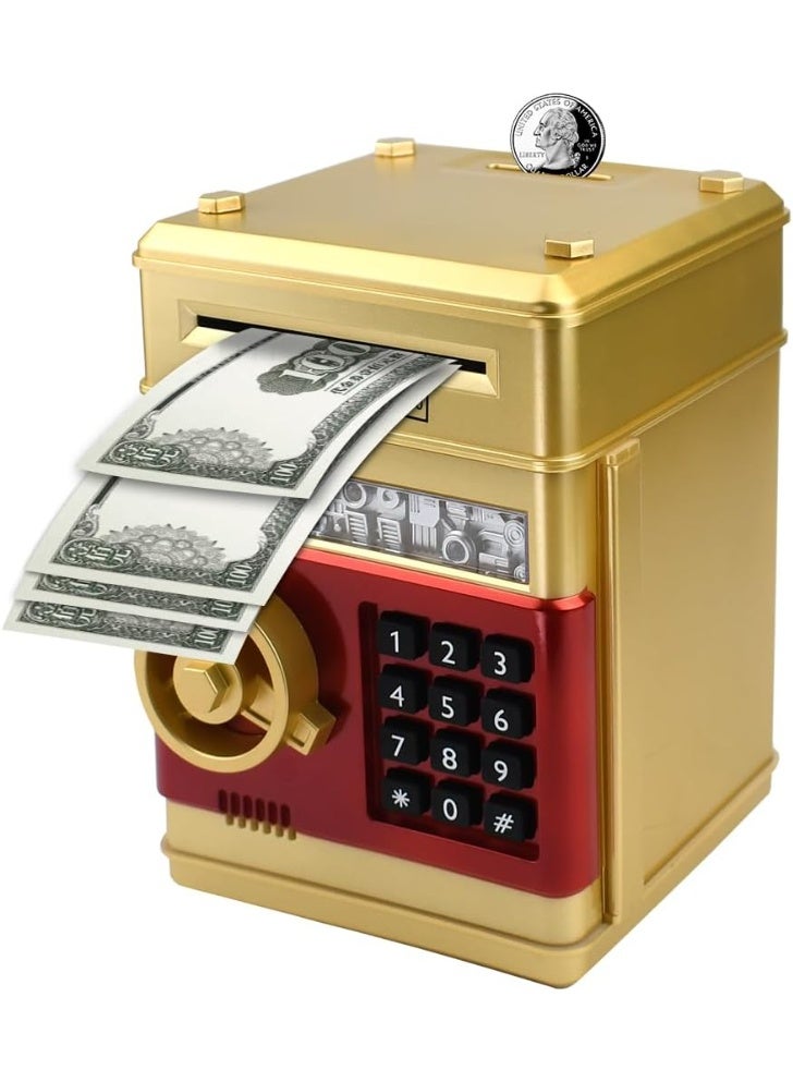 HIHILOOK Electronic Piggy Bank Combination Lock for Kids Baby Toys, Mini ATM Security Coin Cash Piggy Bank with Password, Automatic Money Reel for Kids, Birthday Gift for Boys Girls (Gold) - Image 1