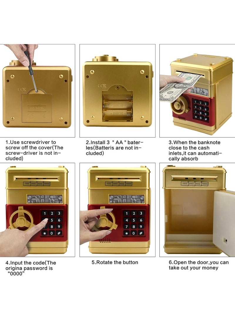 HIHILOOK Electronic Piggy Bank Combination Lock for Kids Baby Toys, Mini ATM Security Coin Cash Piggy Bank with Password, Automatic Money Reel for Kids, Birthday Gift for Boys Girls (Gold) - Image 4
