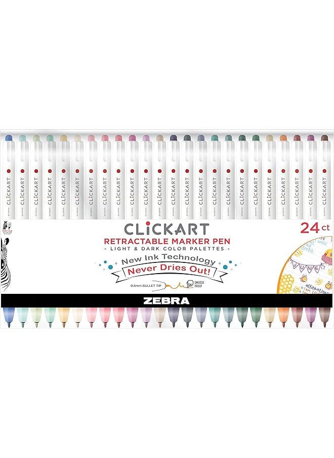 ZEBRA Pen Clickart Retractable Marker Pen Fine Point 0.6Mm Assorted Light And Dark Ink Colors 24 Pack 69824  - Image 1