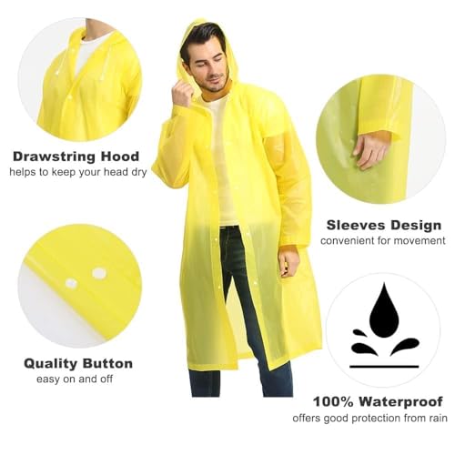 Opret Reusable Rain Poncho with Hood and Sleeves for Adults, Portable EVA Raincoat Perfect for Outdoor Activities, Yellow, One Size - Image 3