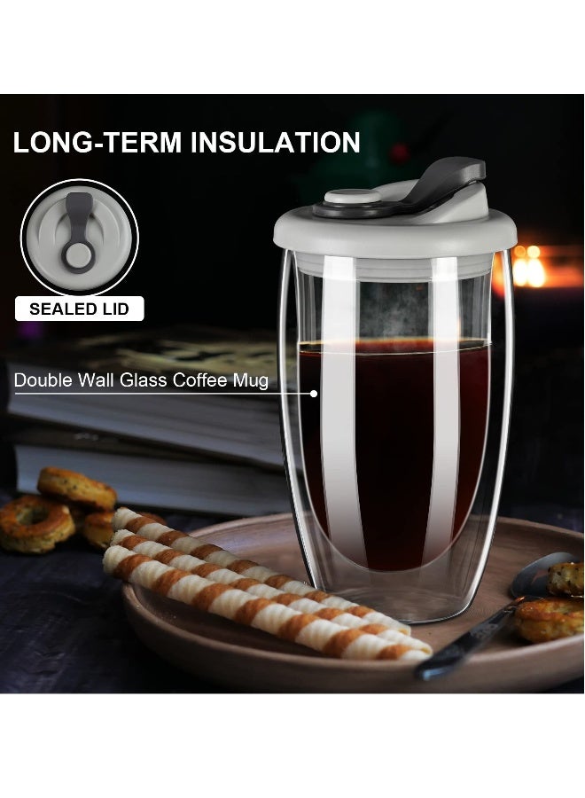 Double Wall Glass Coffee Mug with Silicone Lid - 15oz Insulated Cup for Hot and Cold Drinks - High Borosilicate Glass Double Walled Cup for Travel and Home Use (Grey) - Image 2