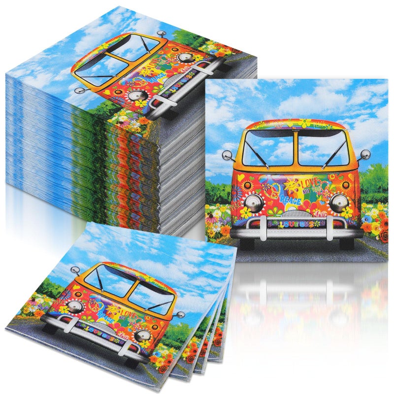 Feifeiya 60 Pcs 60's 70's Hippie Party Cocktail Paper Napkins 6.5 x 6.5 Inches Disposable Paper Napkins Dessert Beverage Napkin for Decoupage Luncheon Napkin for Theme Party Wedding Birthday - Image 1