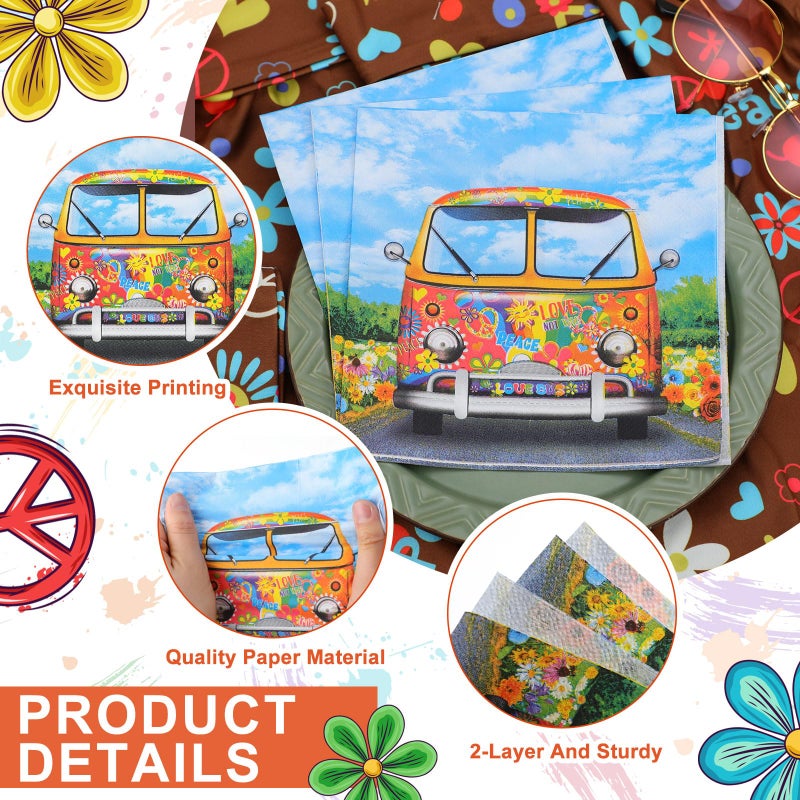 Feifeiya 60 Pcs 60's 70's Hippie Party Cocktail Paper Napkins 6.5 x 6.5 Inches Disposable Paper Napkins Dessert Beverage Napkin for Decoupage Luncheon Napkin for Theme Party Wedding Birthday - Image 3