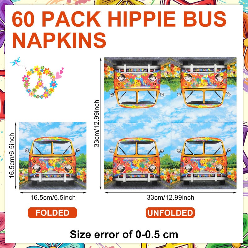 Feifeiya 60 Pcs 60's 70's Hippie Party Cocktail Paper Napkins 6.5 x 6.5 Inches Disposable Paper Napkins Dessert Beverage Napkin for Decoupage Luncheon Napkin for Theme Party Wedding Birthday - Image 2