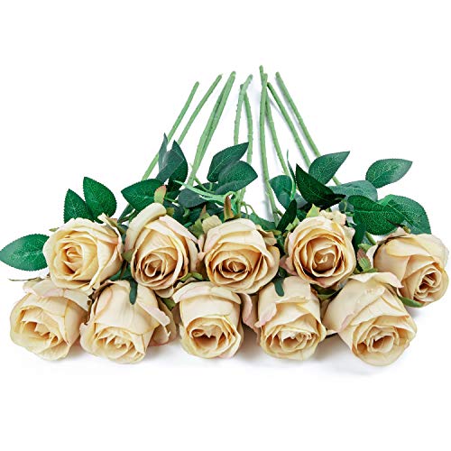 Flojery 10pcs Artificial Rose Flowers Long Stem Fake Silk Roses for DIY Wedding Bouquet Table Centerpiece Home Decor,Champagne - Image 2