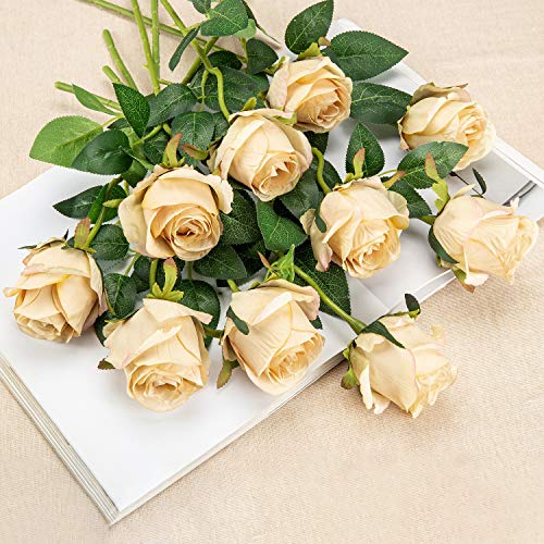 Flojery 10pcs Artificial Rose Flowers Long Stem Fake Silk Roses for DIY Wedding Bouquet Table Centerpiece Home Decor,Champagne - Image 4