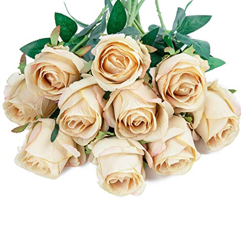 Flojery 10pcs Artificial Rose Flowers Long Stem Fake Silk Roses for DIY Wedding Bouquet Table Centerpiece Home Decor,Champagne - Image 3