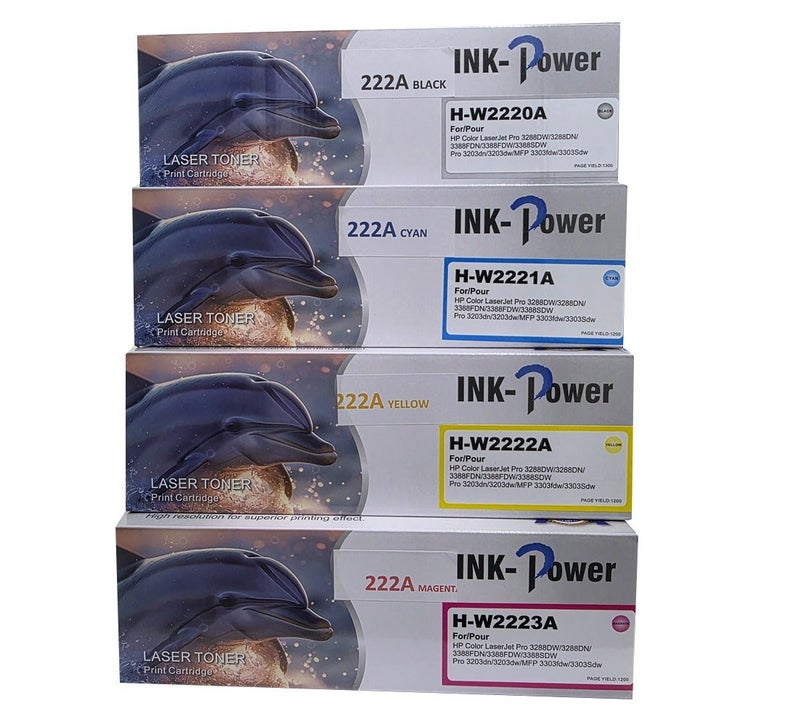 اينك باور خرطوشة حبر ملونة متوافقة 222A W2220A W2221A W2222A W2223A أسود سماوي أصفر أرجواني أربعة ألوان مع شريحة لطابعات HP LaserJet Pro 3203dw MFP 3303fdw 3303Sdw. - Image 2