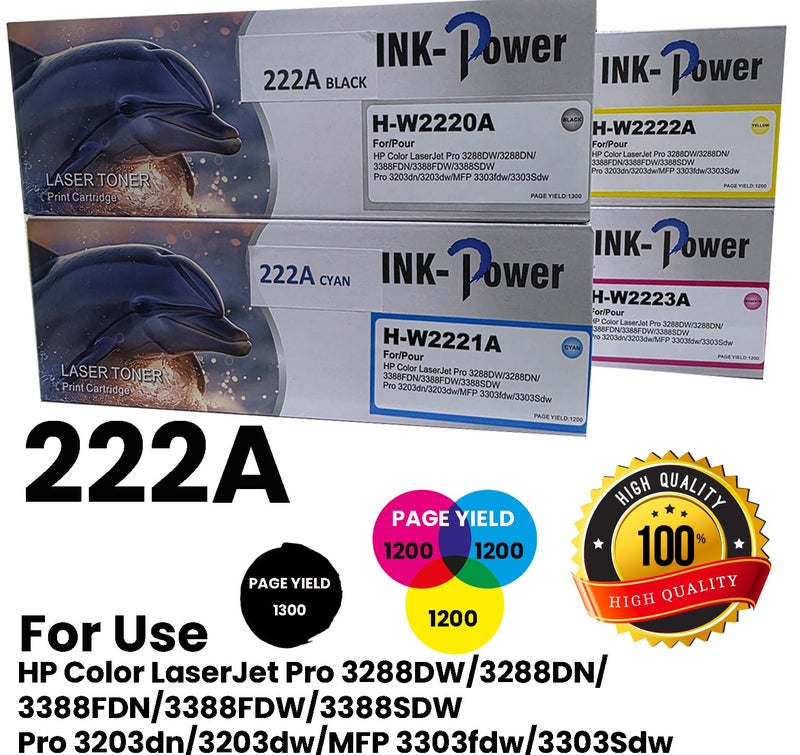 اينك باور خرطوشة حبر ملونة متوافقة 222A W2220A W2221A W2222A W2223A أسود سماوي أصفر أرجواني أربعة ألوان مع شريحة لطابعات HP LaserJet Pro 3203dw MFP 3303fdw 3303Sdw. - Image 1