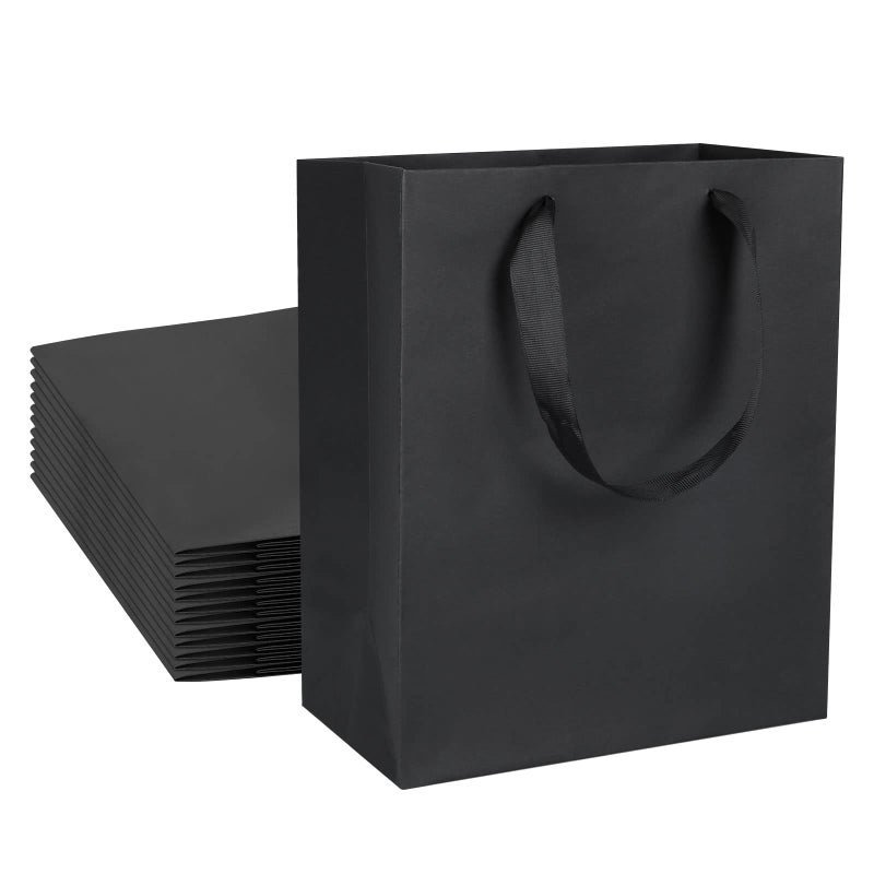 QIELSER 24 Medium Size Kraft Gift Bags 8x475x10 Inches Black Paper Shopping Bags with Ribbon Handles for Parties Weddings and More