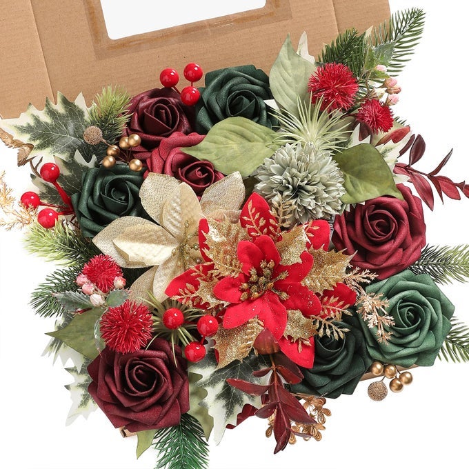ARTIFICIAL CHRISTMAS FLOWERS GREENERY COMBO BOX SET FAUX FLOWERS BULK FLOWER LEAF WITH STEMS FOR DIY TREE ORNAMENTS XMAS WREATH FLORAL ARRANGEMENTS CENTERPIECES