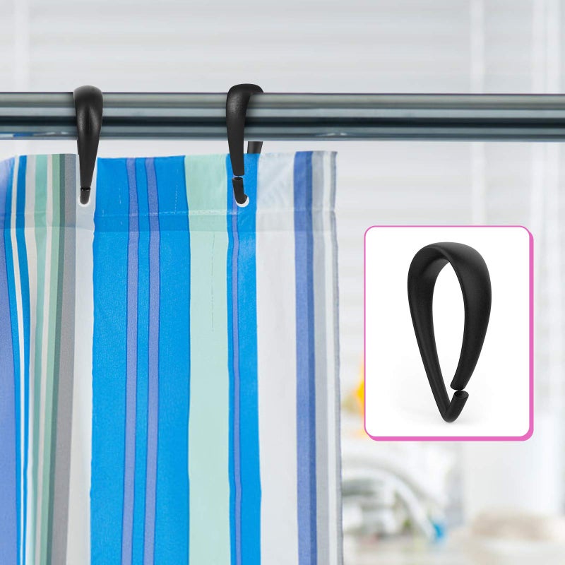 Qulable Shower Curtain Rings, 12 Pcs Plastic Hooks Drop-Shape Rings Hook Hanger for Bathroom Shower Rod, Easy Snap Closure (Black) - Image 4