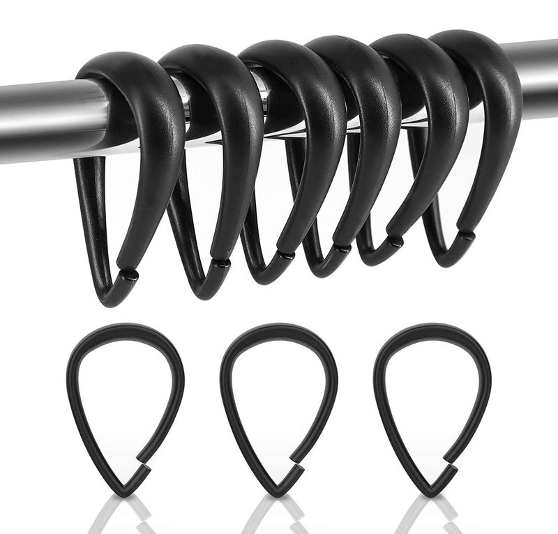 Qulable Shower Curtain Rings, 12 Pcs Plastic Hooks Drop-Shape Rings Hook Hanger for Bathroom Shower Rod, Easy Snap Closure (Black) - Image 1