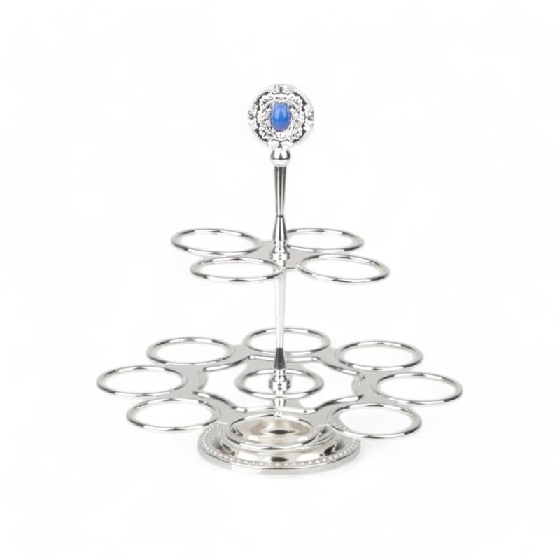 Soleter Queen Cup Holder Silver/Blue - 2-Tier 12-Cup Metal Stand with Decorative Blue Stone Finial & Rope Edge Detail, Premium Serveware for Wedding & Home Decor