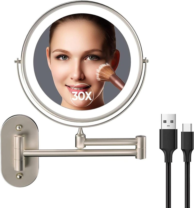 FUNTOUCH Rechargeable Makeup Mirror with Light, Double-Sided, 1X/30X Magnification, 3 Colours, Touch Screen, Dimmable, Expandable Arm, Wall Mounted - Image 1