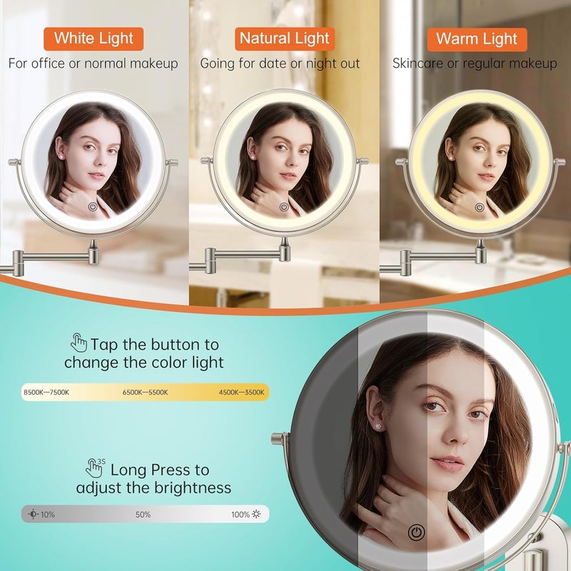 FUNTOUCH Rechargeable Makeup Mirror with Light, Double-Sided, 1X/30X Magnification, 3 Colours, Touch Screen, Dimmable, Expandable Arm, Wall Mounted - Image 3
