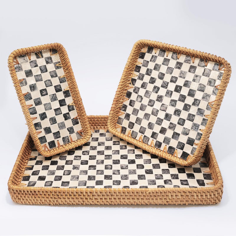 Set of 3 Rectangle Rattan Serving Trays with Mother of Pearl Inlay  HandWoven Wicker Trays for Coffee Table Bathroom Kitchen Counter or Entryway Boho Coastal Decor Checkered Design
