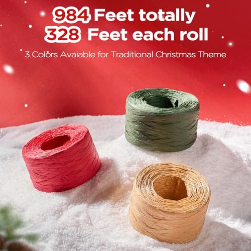 Sooez 3 Roll Raffia Ribbon String 984 Feet Christmas Gift Wrapping Raffia Paper String Ribbon Packing Paper Twine for Craft Supply Christmas 328Feet Each Roll - Image 3
