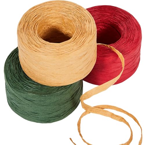 Sooez 3 Roll Raffia Ribbon String 984 Feet Christmas Gift Wrapping Raffia Paper String Ribbon Packing Paper Twine for Craft Supply Christmas 328Feet Each Roll - Image 1
