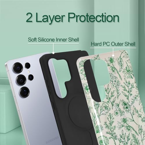SOKAD Magnetic Sage Floral Phone Case for Samsung Galaxy S25 Ultra, Vintage Green Flower Pattern Compatible with Magsafe Glossy Protective Case Cover with Screen Protector for Girls Women - Image 3