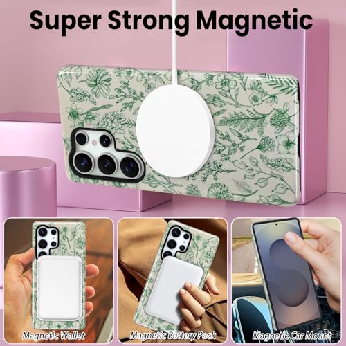 SOKAD Magnetic Sage Floral Phone Case for Samsung Galaxy S25 Ultra, Vintage Green Flower Pattern Compatible with Magsafe Glossy Protective Case Cover with Screen Protector for Girls Women - Image 4