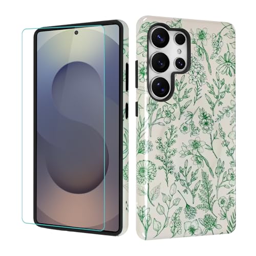 SOKAD Magnetic Sage Floral Phone Case for Samsung Galaxy S25 Ultra, Vintage Green Flower Pattern Compatible with Magsafe Glossy Protective Case Cover with Screen Protector for Girls Women - Image 2