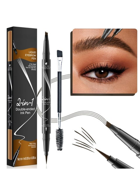 2-in-1 Microblading Eyebrow Pencil，New Upgrade 3D with 4-Fork-Tip & Precise Brush,Microblading Eyebrow Pen for Natural Makeup All Day (Dark Brown)