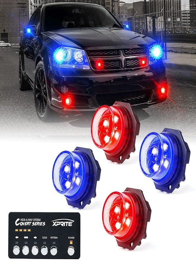Xprite Red Blue LED Hideaway Strobe Police Lights Kit, 20 Flashing Patterns w/Control Panel for Headlights Taillights Hazard Warning Mounting, for Emergency Vehicles Volunteer Cop Cars Trucks, 4PCS - Image 1