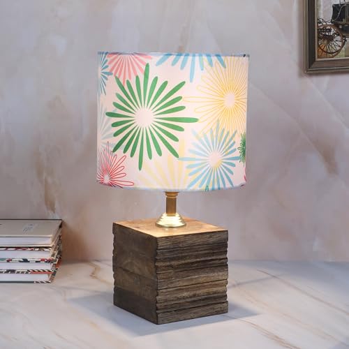 tu casa Wooden Square Block Bedside Warm Light Table Lamp with Floral Print Satin Shade for Home Decoration Bedroom Living Room Lounge Office Festival Decor & Gifting Study Table H - 12" / No Blub - Image 3