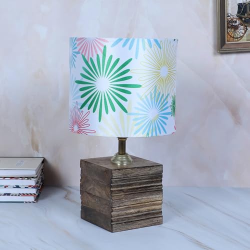 tu casa Wooden Square Block Bedside Warm Light Table Lamp with Floral Print Satin Shade for Home Decoration Bedroom Living Room Lounge Office Festival Decor & Gifting Study Table H - 12" / No Blub - Image 2