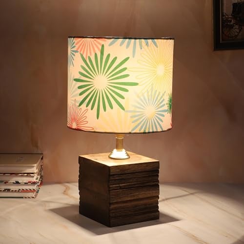 tu casa Wooden Square Block Bedside Warm Light Table Lamp with Floral Print Satin Shade for Home Decoration Bedroom Living Room Lounge Office Festival Decor & Gifting Study Table H - 12" / No Blub - Image 1