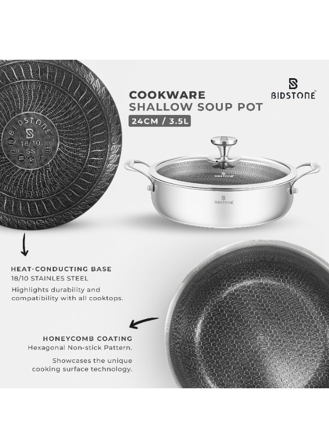 BIDSTONE 24cm Premium Stainless Steel Shallow Pot – 3.5L Honeycomb Nonstick Coating, Tempered Glass Lid, Induction & Oven Safe, PTFE/PFOA-Free, Dishwasher Safe - Image 2