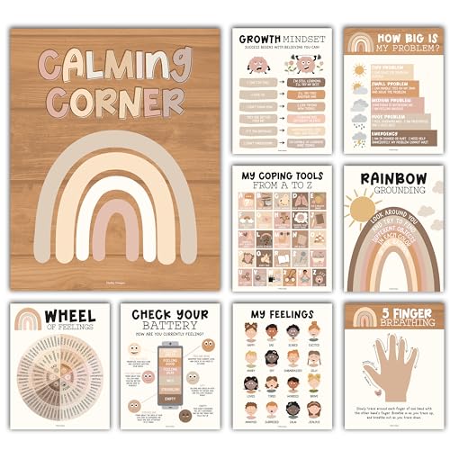 Hadley Designs 9 Calming Corner Posters For Classroom Must Haves For Teachers - 11x14 Calm Down Corner Supplies, Feelings Chart For Kids Ages 4-8, Feelings Wheel Poster, Boho Classroom Decor - Image 1