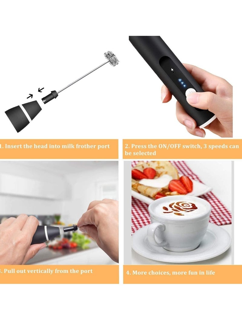 Portable Milk Frother – Handheld USB Rechargeable Foam Maker with 3-Speed Adjustment, 2 Stainless Whisks for Lattes, Cappuccinos, and Eggs - Image 4