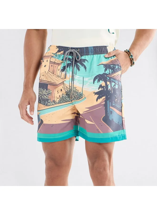 FAV Palm Tree Print Shorts with Drawstring Closure and Pockets