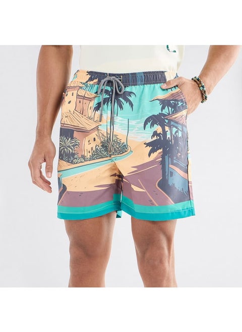 Palm Tree Print Shorts with Drawstring Closure and Pockets