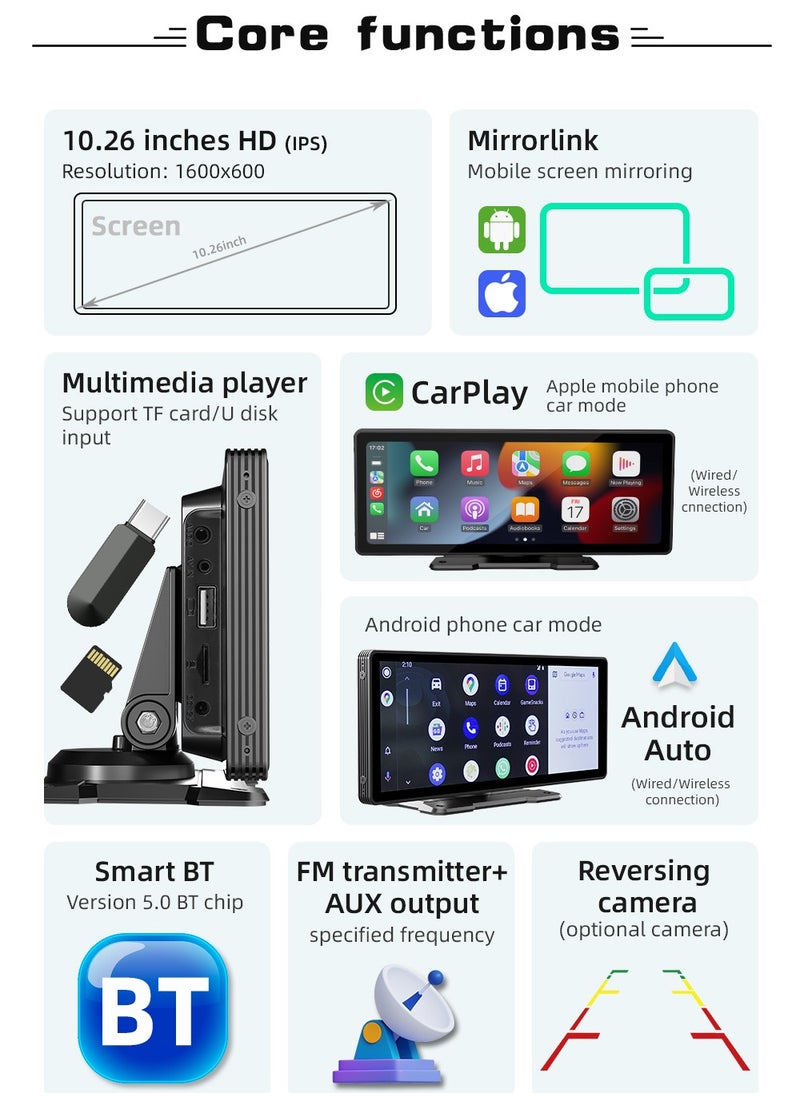 XUTIANZE Apple Carplay Screen for Car, 10.26" HD Portable Car Stereo Touch Screen with Wireless Android Auto, Backup Camera, Car Audio Receivers with Voice Control, Mirror Link, Bluetooth, GPS Navigation  - Image 4