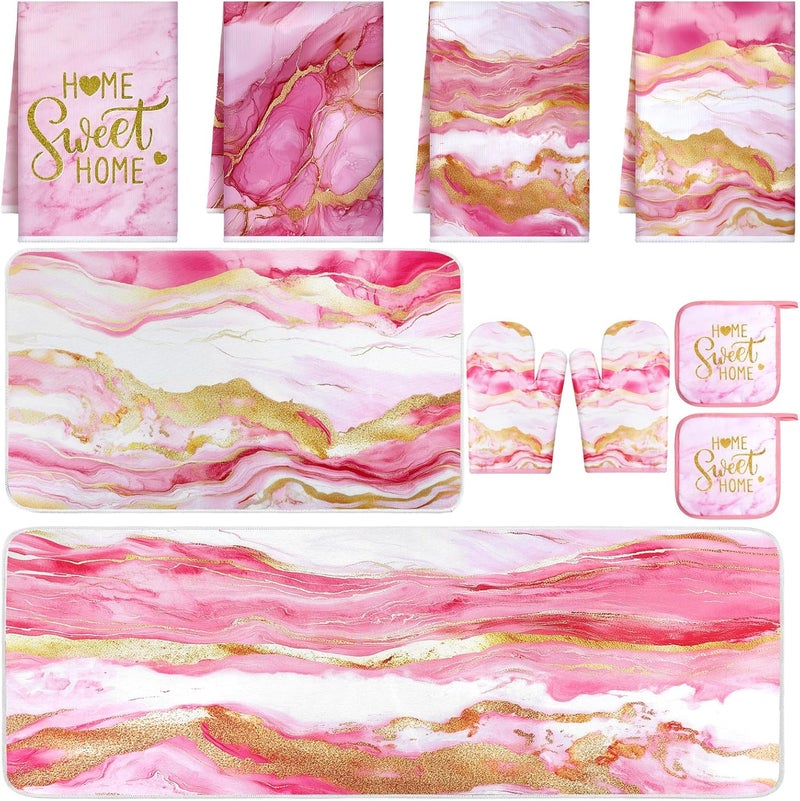 Fourluoo 10 Pcs Christmas Marble Farmhouse Kitchen Decor Accessories Set Marble Kitchen Dish Towels Rugs Oven Mitts and Pot Holders Sets for Cooking Baking Daughter Mom Gift(Pink) - Image 1