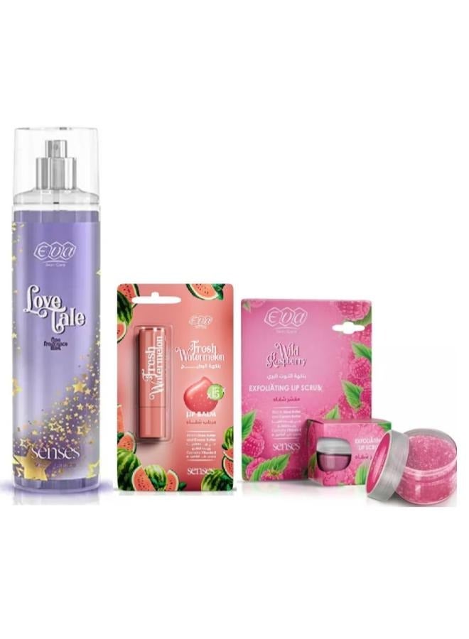 إيفا سبلاش للجسم سينسيز سكين كير  لوف تيل 240 مل + مرطب شفاة بنطهة البطيخ 4 جرام + ايڤا سكين كير مقشر الشفاه بنكهة التوت البري 20جرام - Image 1