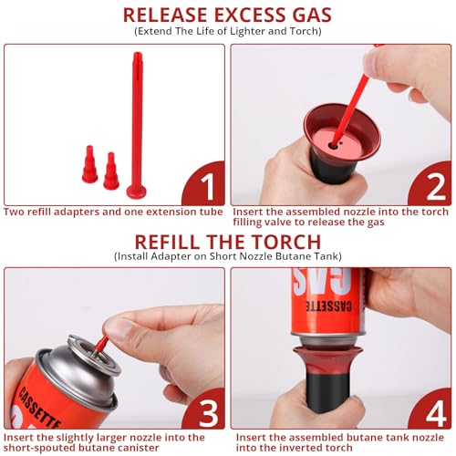 Semlos Butane Tank Adapter - Butane Nozzle - Lighter and Torch Refill or Release Adaptor, Gas Refill Adapter for All Nozzle's Gas Tank, Torch, Lighter (Red) - Image 4
